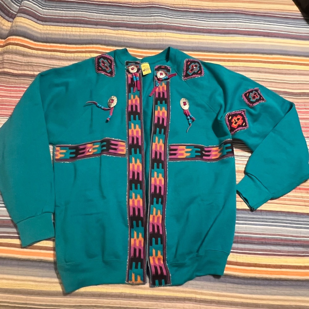 Sweats Appeal by Tultex Turquoise Teal SW Tribal Cardigan Sweatshirt XL Made USA